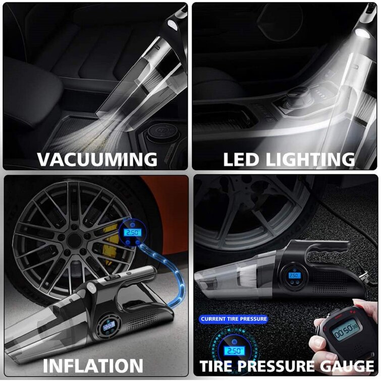 DC 12V 6000PA High Power Vacuum for Car Cleaning Wet/Dry Use Tire Pressure Gauge and Car Inflator Portable Car Vacuum Cleaner Multifunction Handheld Car Vacuum with Searchlight