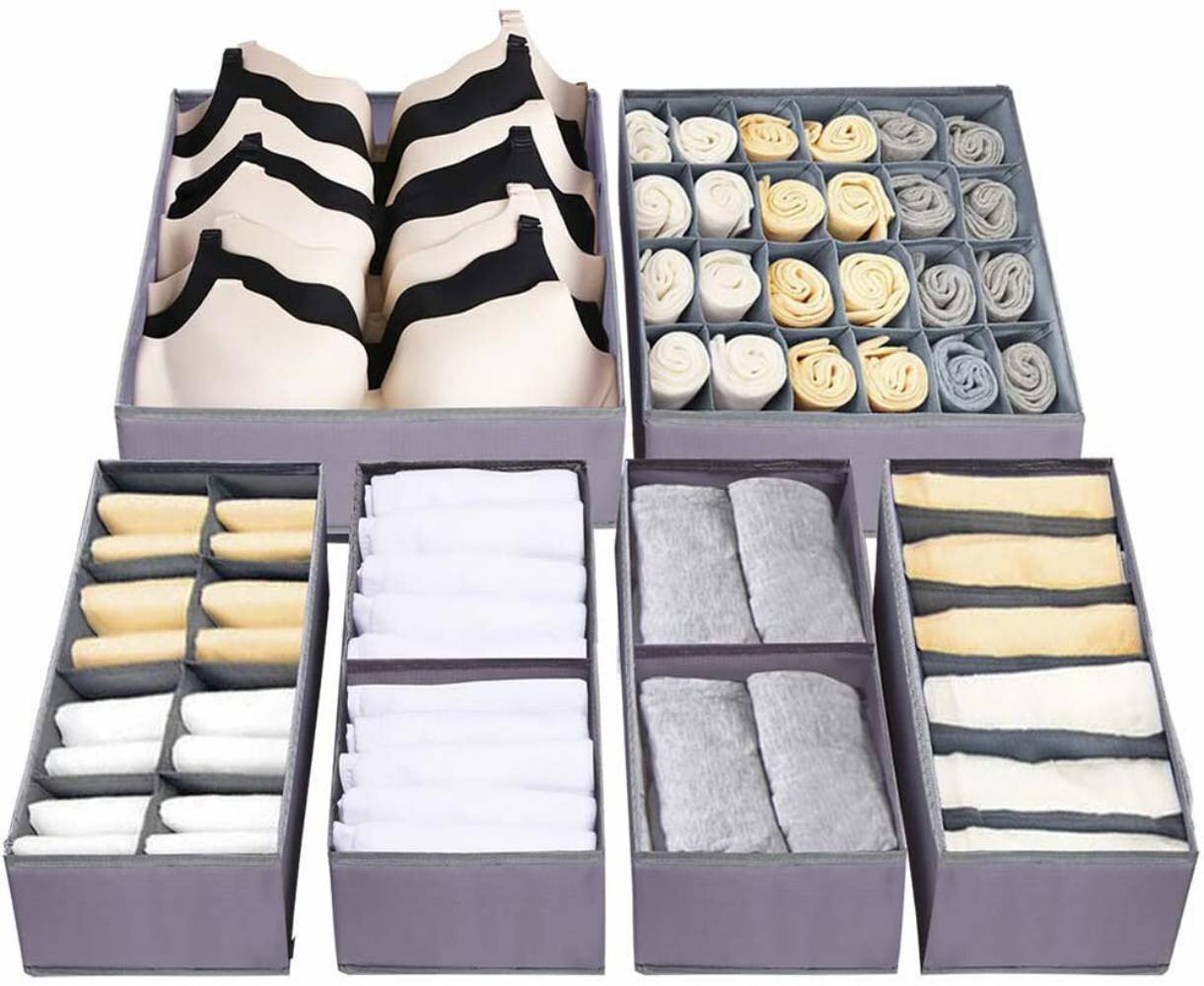 6pcs Underwear Drawer Organiser Collapsible Sock Bra Tie Storage Container Boxes 
