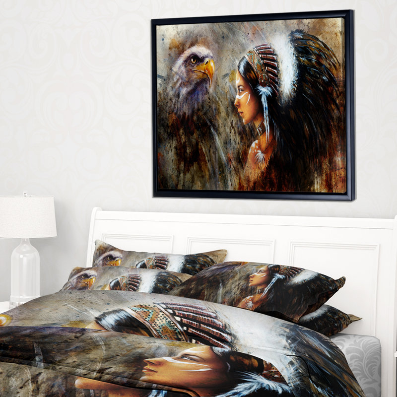 East Urban Home Indian With Feather Headdress Framed Oil