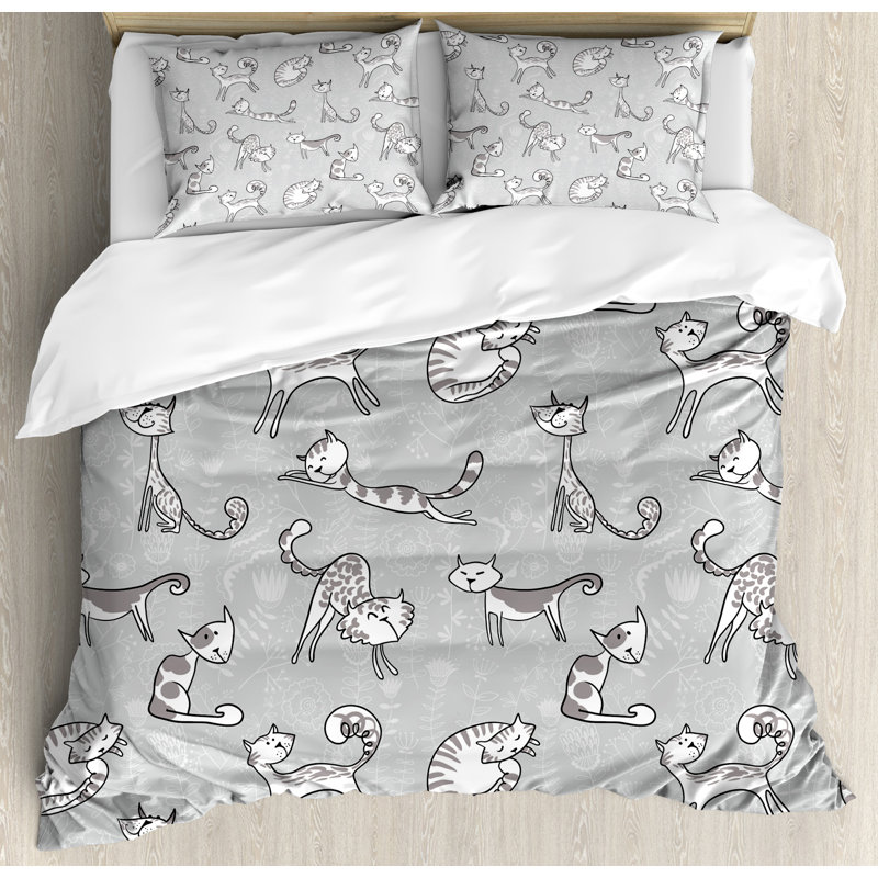 Ambesonne Cute Cat Figures Posing Over Floral Background Feline