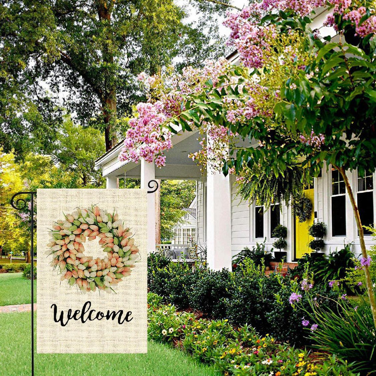 Tulips and Lily Wreath Welcome Double Sided Vertical Burlap Garden Flags Tulips and Lily Wreath Welcome Double Sided Vertical Burlap Garden Flags