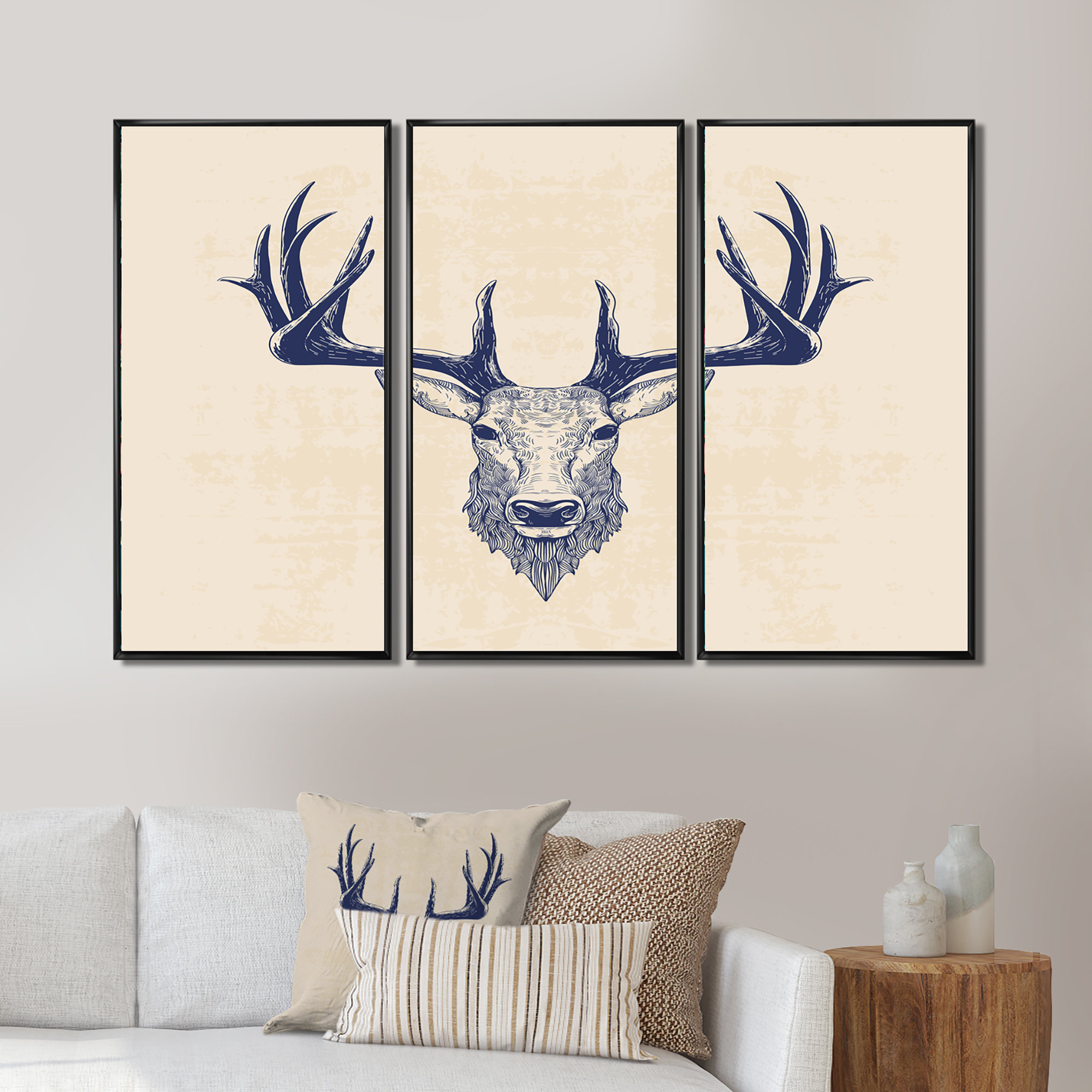 Millwood Pines Deer Head Portrait Animal Framed Canvas Wall Art Set