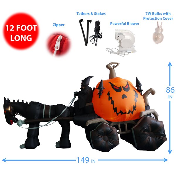 12 Foot Long Halloween Inflatable Skeleton Ghost Carriage Horse Yard Decoration 