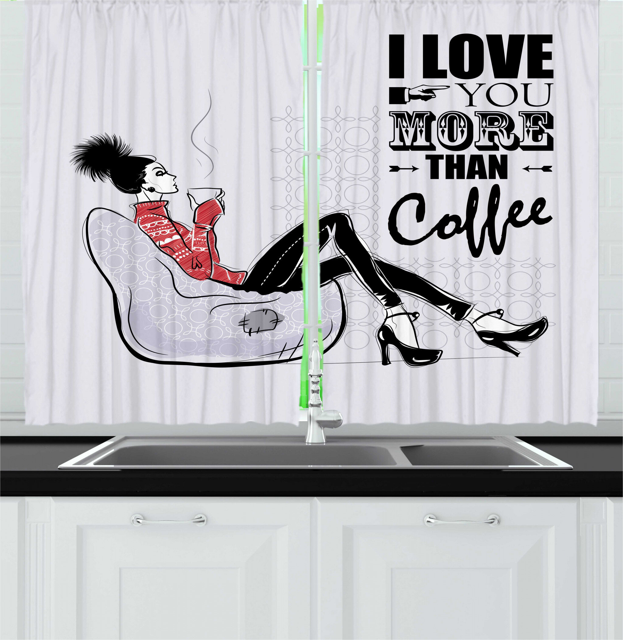East Urban Home 2 Piece Saying Sketch Woman With Mug And I Love You More Than Coffee Kitchen Curtains Set Wayfair