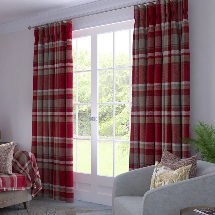 Red Eyelet Curtains Tartan Check Plaid Modern Ready Made Lined Ring Top Pairs
