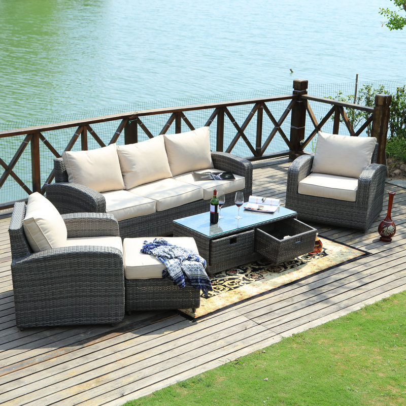 Laude Run Belmonte 5 Piece Rattan Sofa Set With Cushions Belmonte 5 Piece Rattan Sofa Set With Cushions