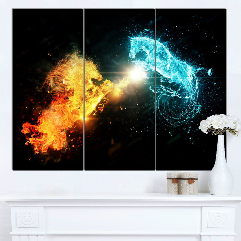 Designart Fire And Water Abstract Horses 3 Piece Graphic Art On