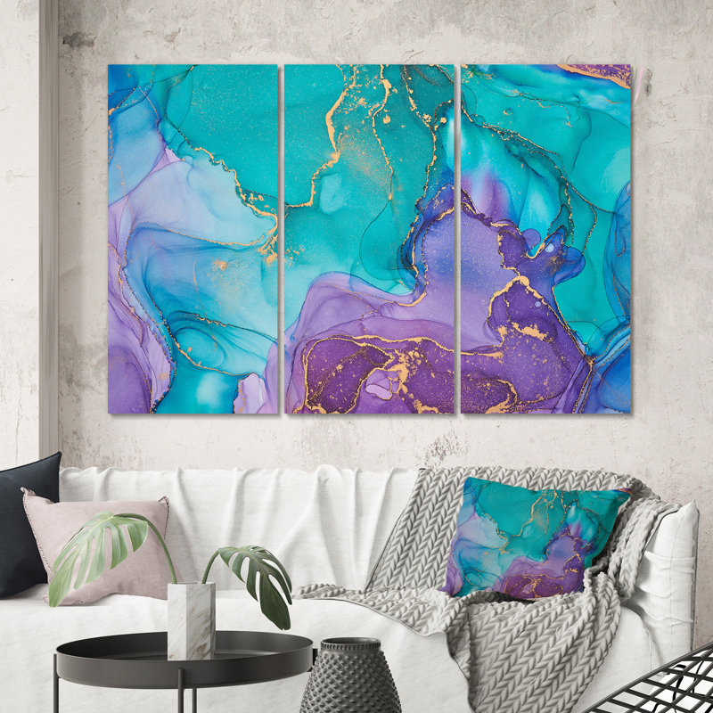 Turquoise And Purple Liquid Art I - 3 Piece Wrapped Canvas Graphic Art