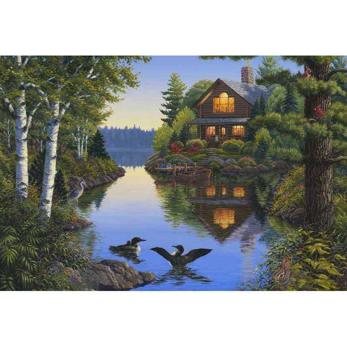 Millwood Pines Lake Cabin Painting Print On Wood Wayfair