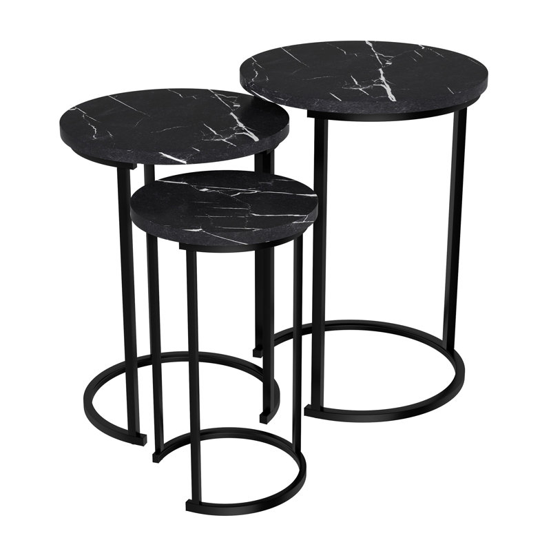 Laib Nesting Tables - Set of 3 Round Side Tables for Living Room, Bedroom, or Home Office - Woodgrain-Look End Table Set - Modern Living Room Furniture Table Top Color: Black Marble