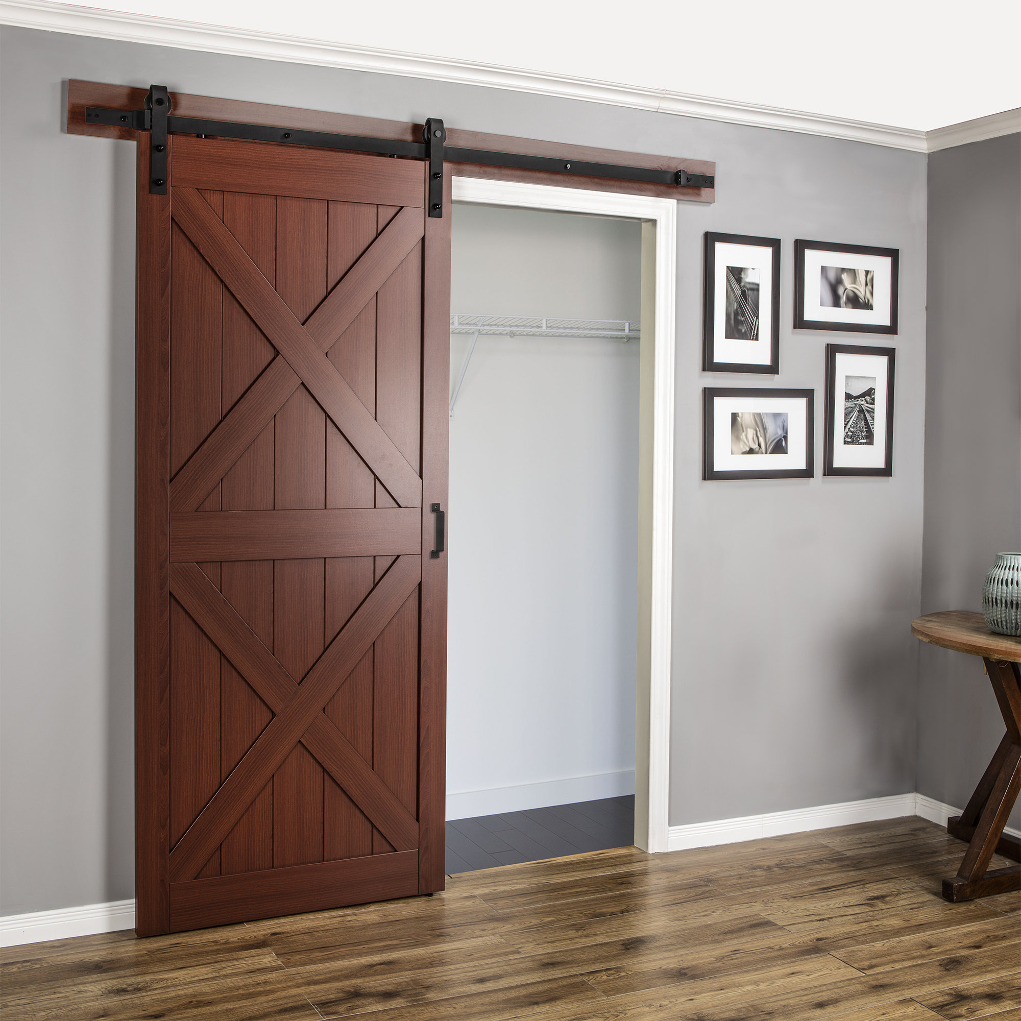 Erias Home Designs Continental MDF Engineered Wood 1 Panel Cherry Laminate Interior Barn Door Erias Home Designs Continental MDF Engineered Wood 1 Panel Cherry Laminate Interior Barn Door