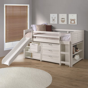 Twin Louvre Low Loft In White With Slide, 3 Drawer Chest, 2 Drawer Chest With Shelves And Bookcase