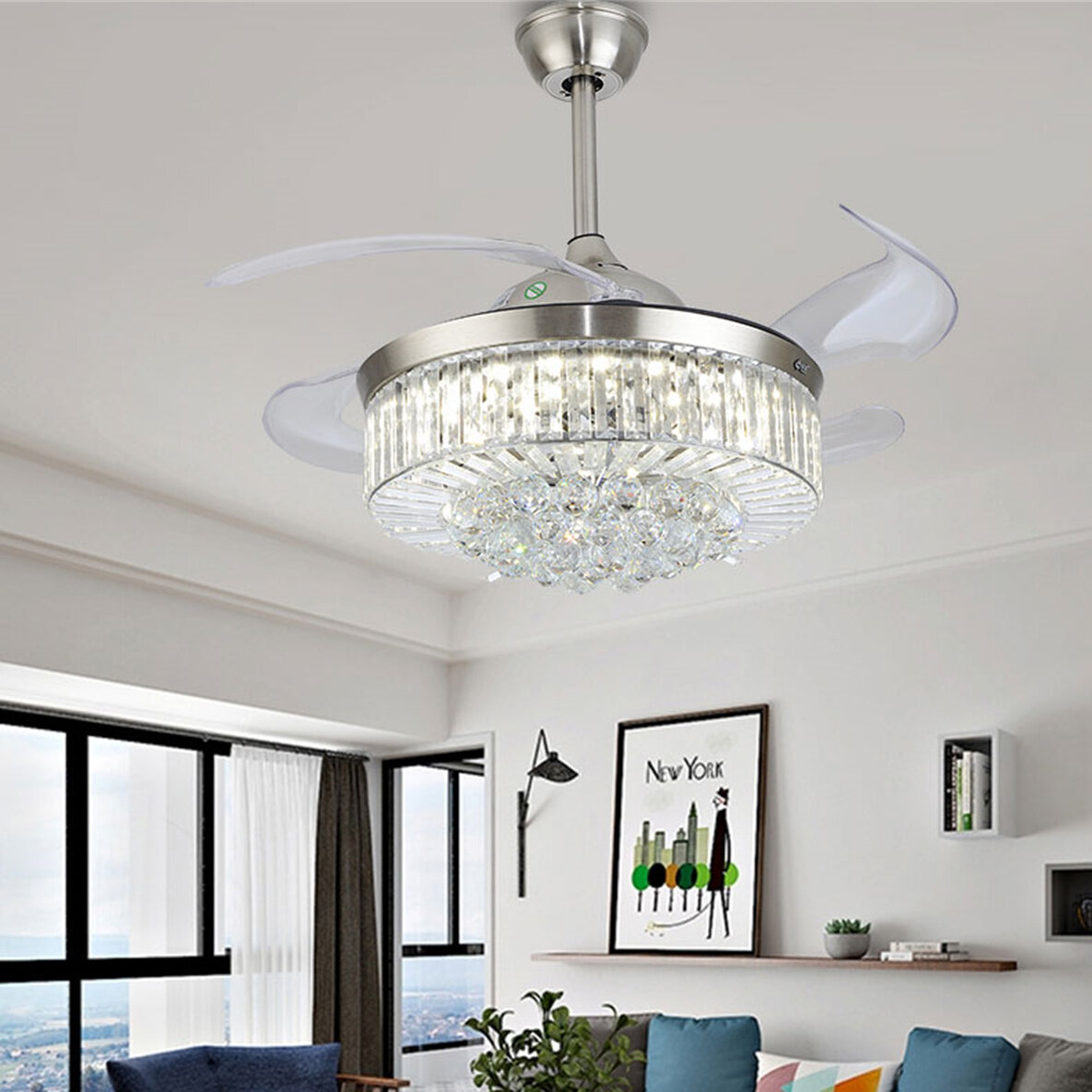 42 Inches Wide Ceiling Fan Clear Acrylic Blades Led Light Kits Crystal Chandelier Control Remote Chrome Finish Living Room Family Room