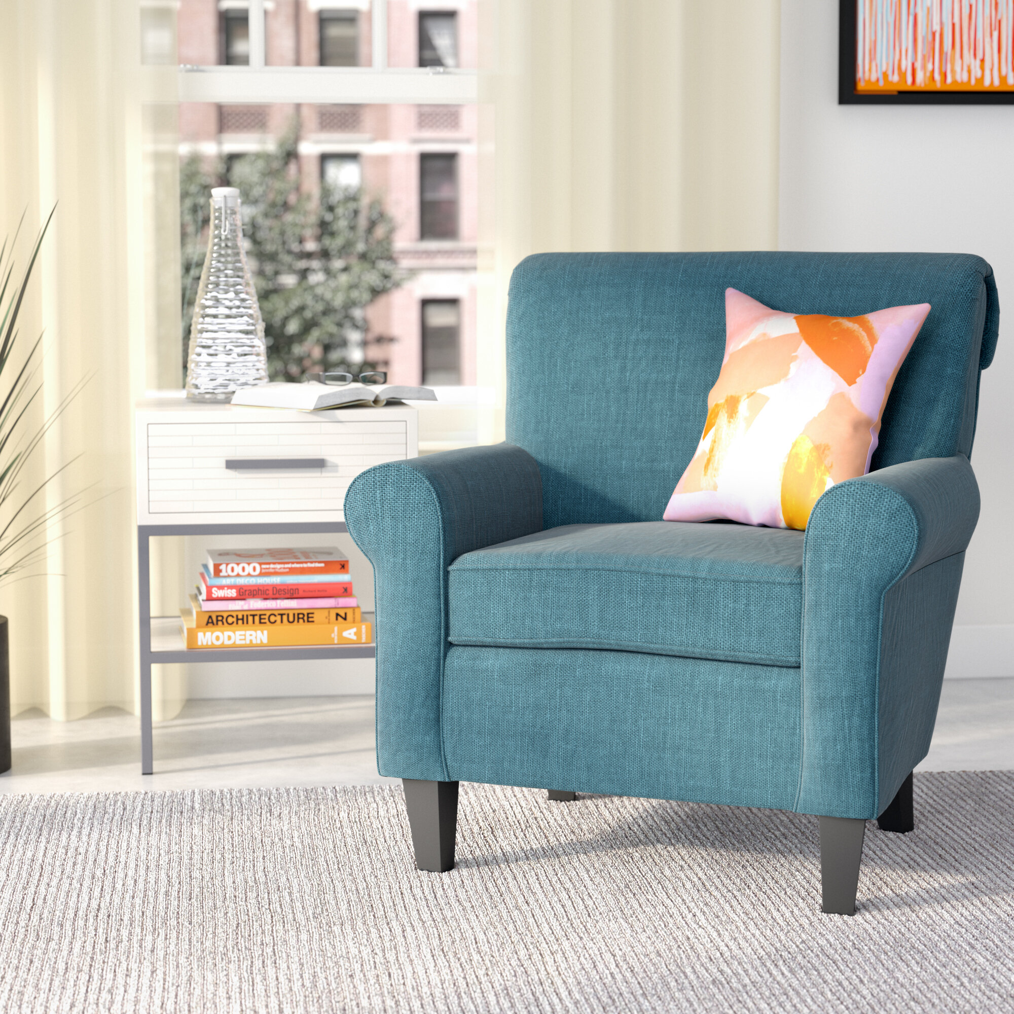 teal and brown chair