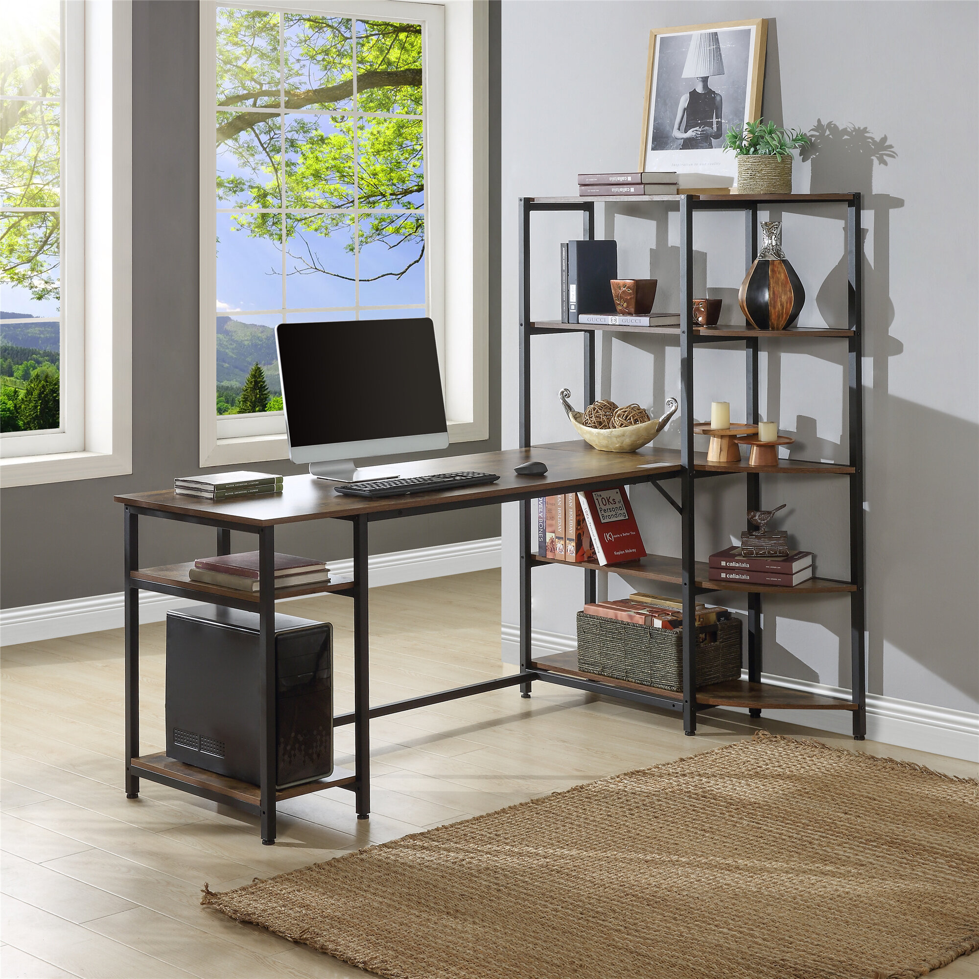 Home Computer Desk 3-Tier Book Shelf Desk PC Workstation Study Writing Table 