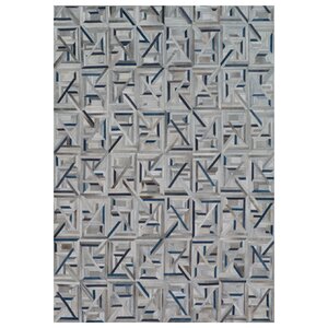 Natural Hide Leather Hand-Stitched Silver/Blue Area Rug