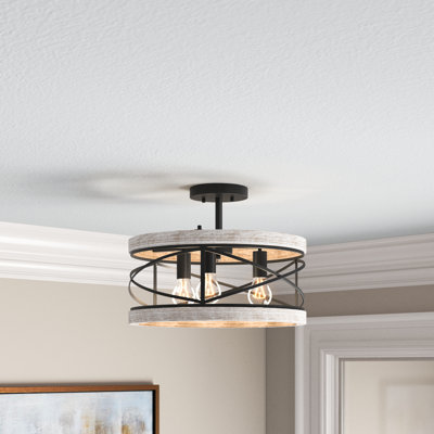 Maderia 3-Light 17.25"W Dimmable Black Metal + Graywash Wood Semi Flush Mount