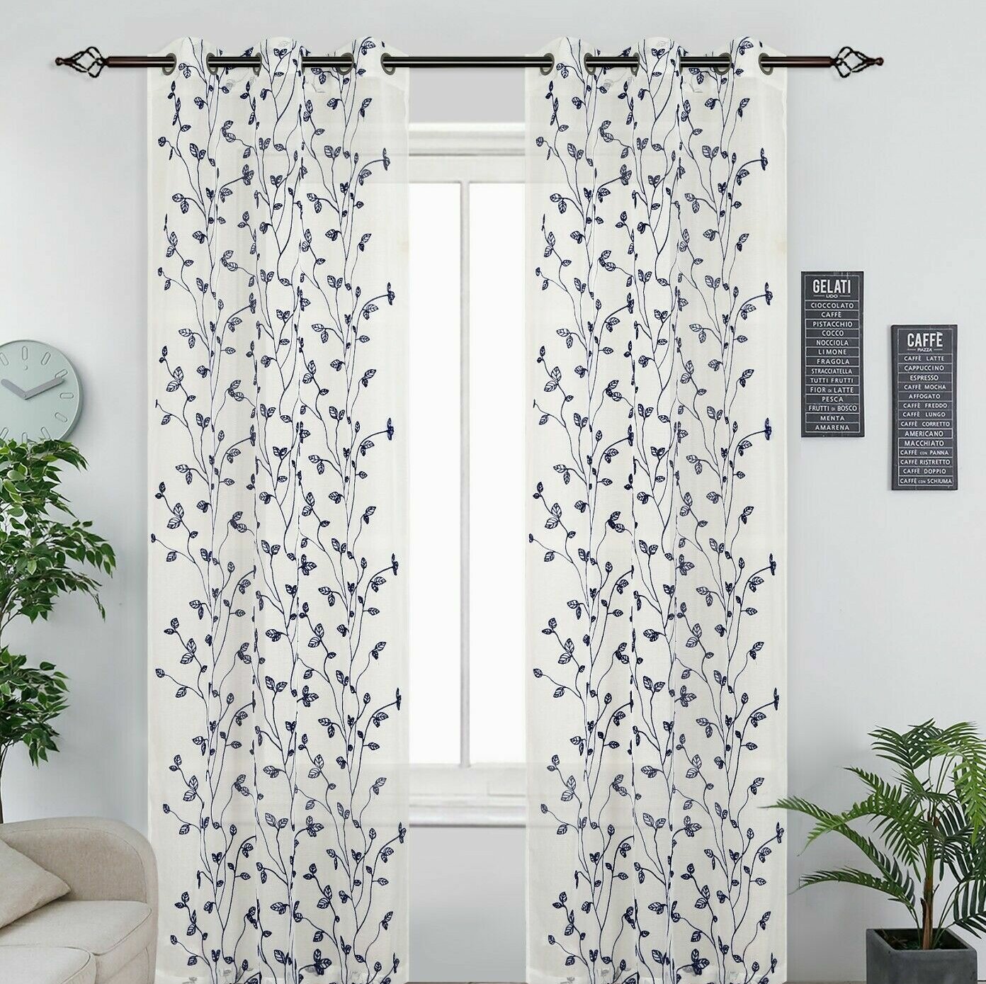Embroidered Sheer Curtains Floral Pattern Drapes for Bedroom Grommet Top 2 Panel