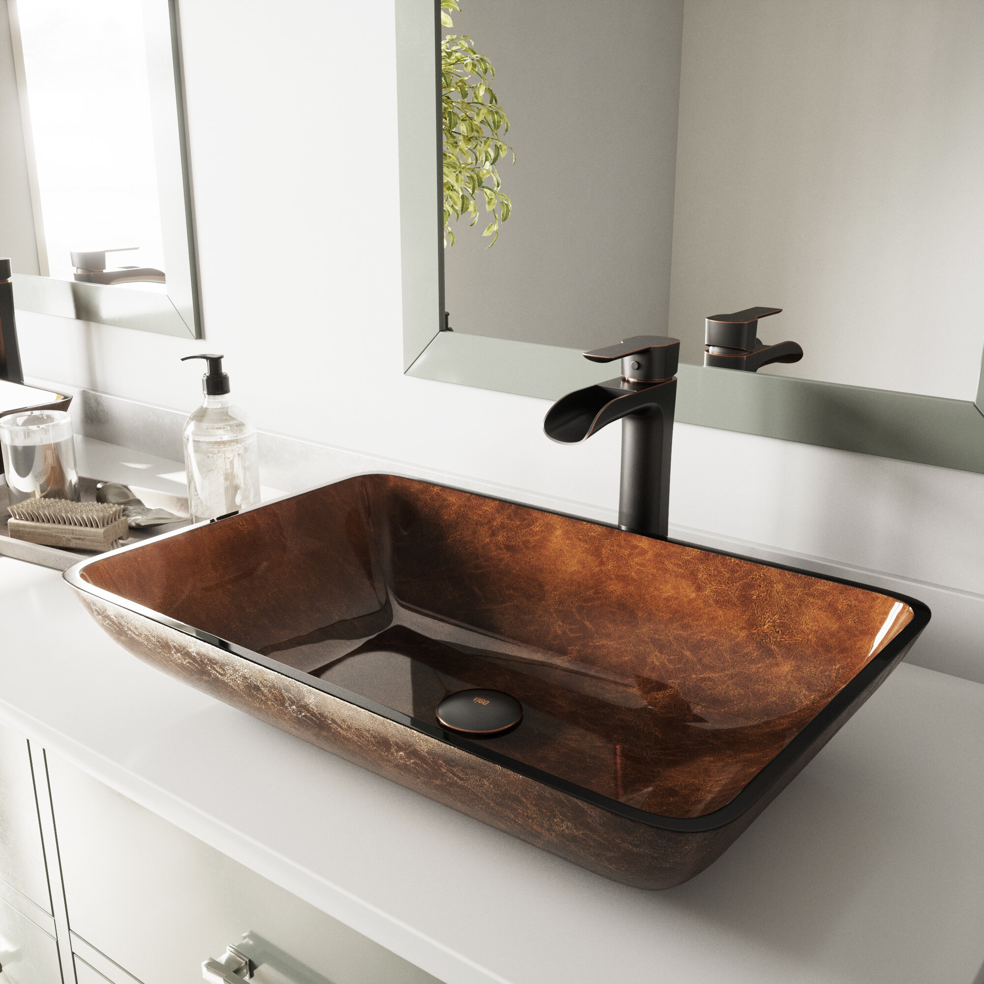 Vigo Russet Brown Glass Rectangular Vessel Bathroom Sink With