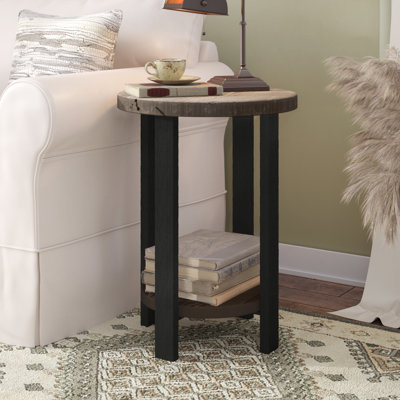 Rundell Rustic Industrial Solid Wood And Metal Frame Round End Table With 1 Shelf