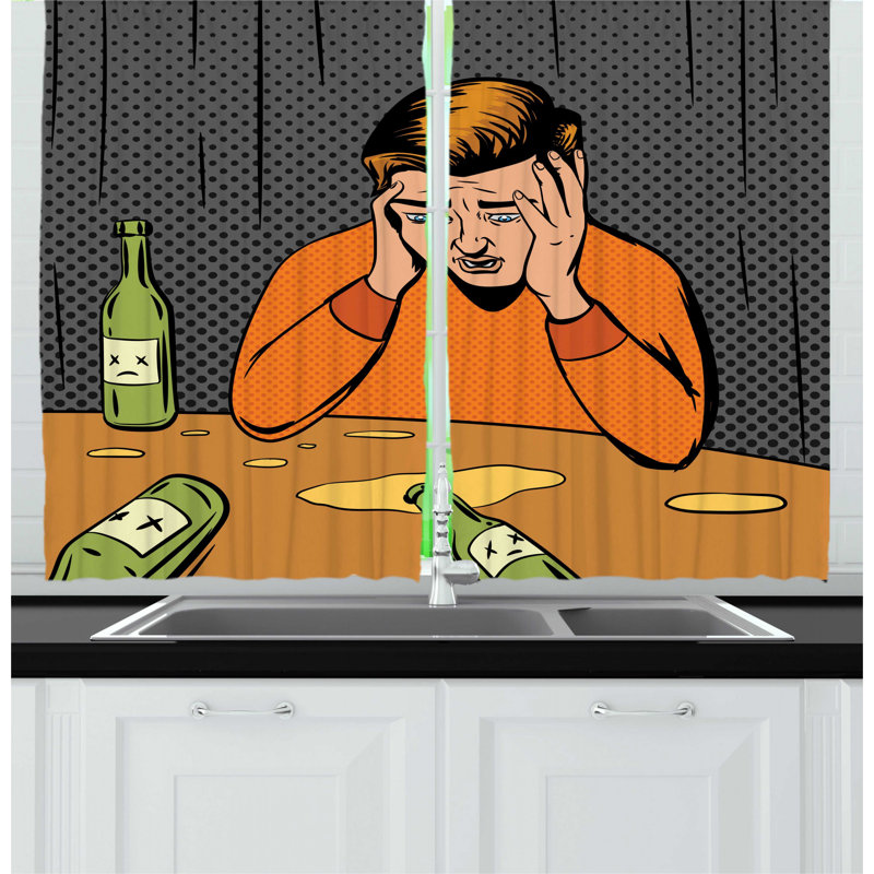 East Urban Home 2 Piece Ambesonne Comic Alcohol Themed Illustration With Drunk Man And Empty Bottles In Cartoon Design Kitchen Curtain Set Wayfair