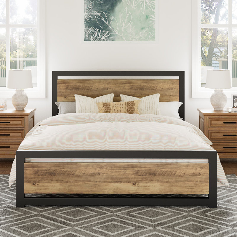 Marilee Wood and Black Metal Frame Bed with Headboard Size: Queen, Color: Walnut
