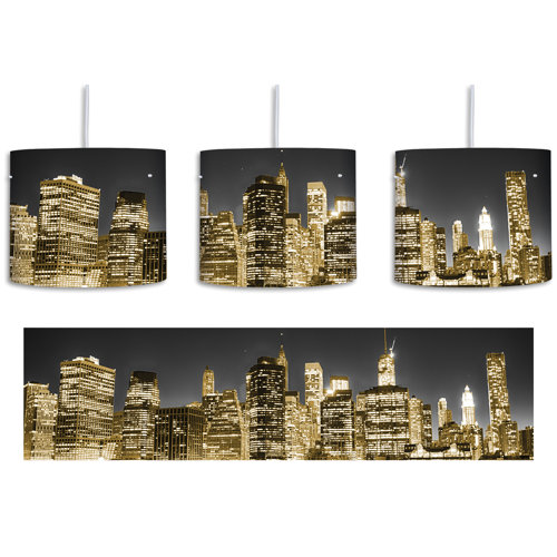 Manhattan Skyline at Night 1-Light Drum Pendant East Urban Home