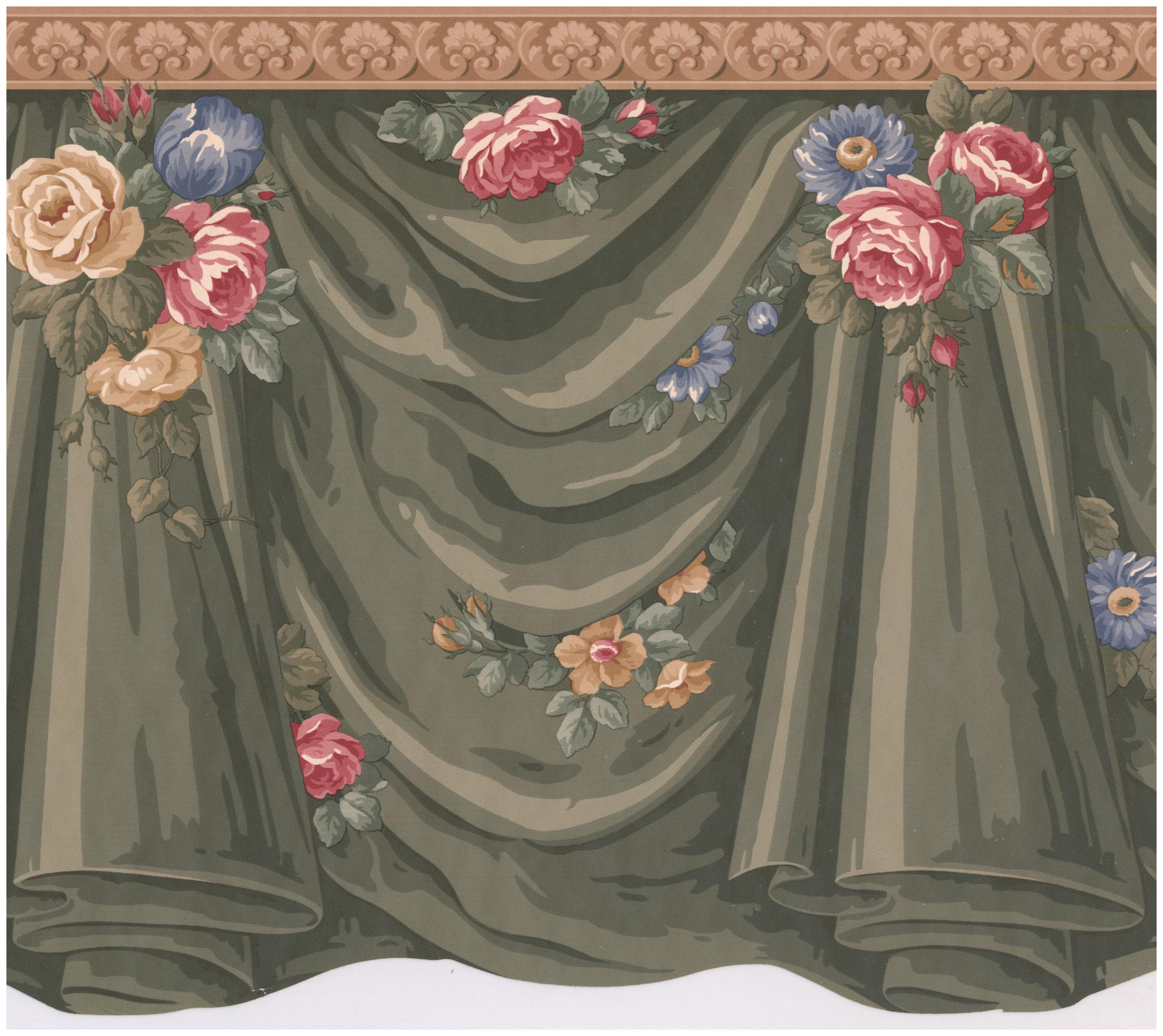 Astoria Grand Tiarra Curtains Roses Flowers Scalloped 15 L X 12 W Wallpaper Border Wayfair