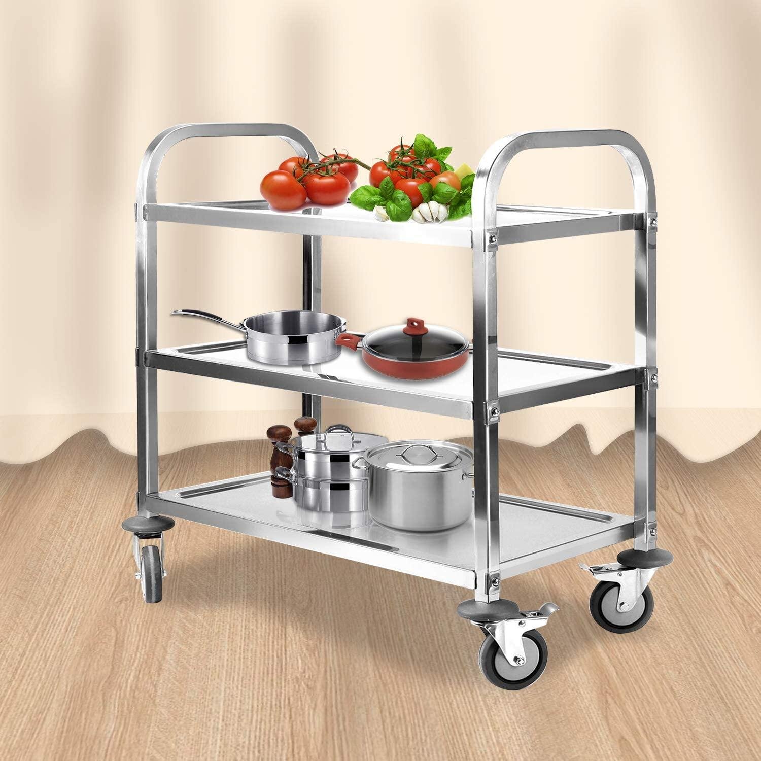 3 Tiers Stainless Steel Cart Kitchen Trolley Catering Storage Shelf With Wheels 