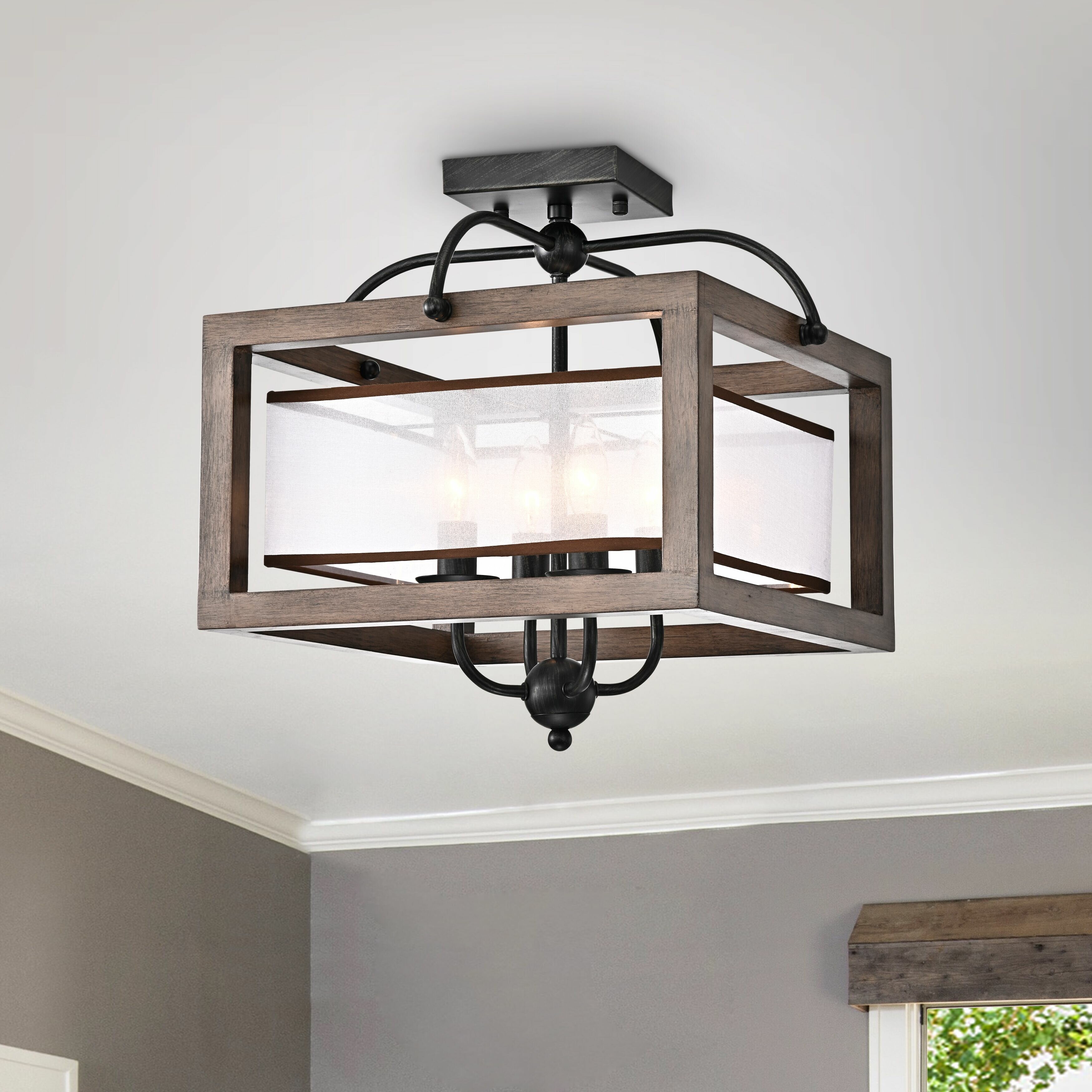 wood and metal semi flush mount light