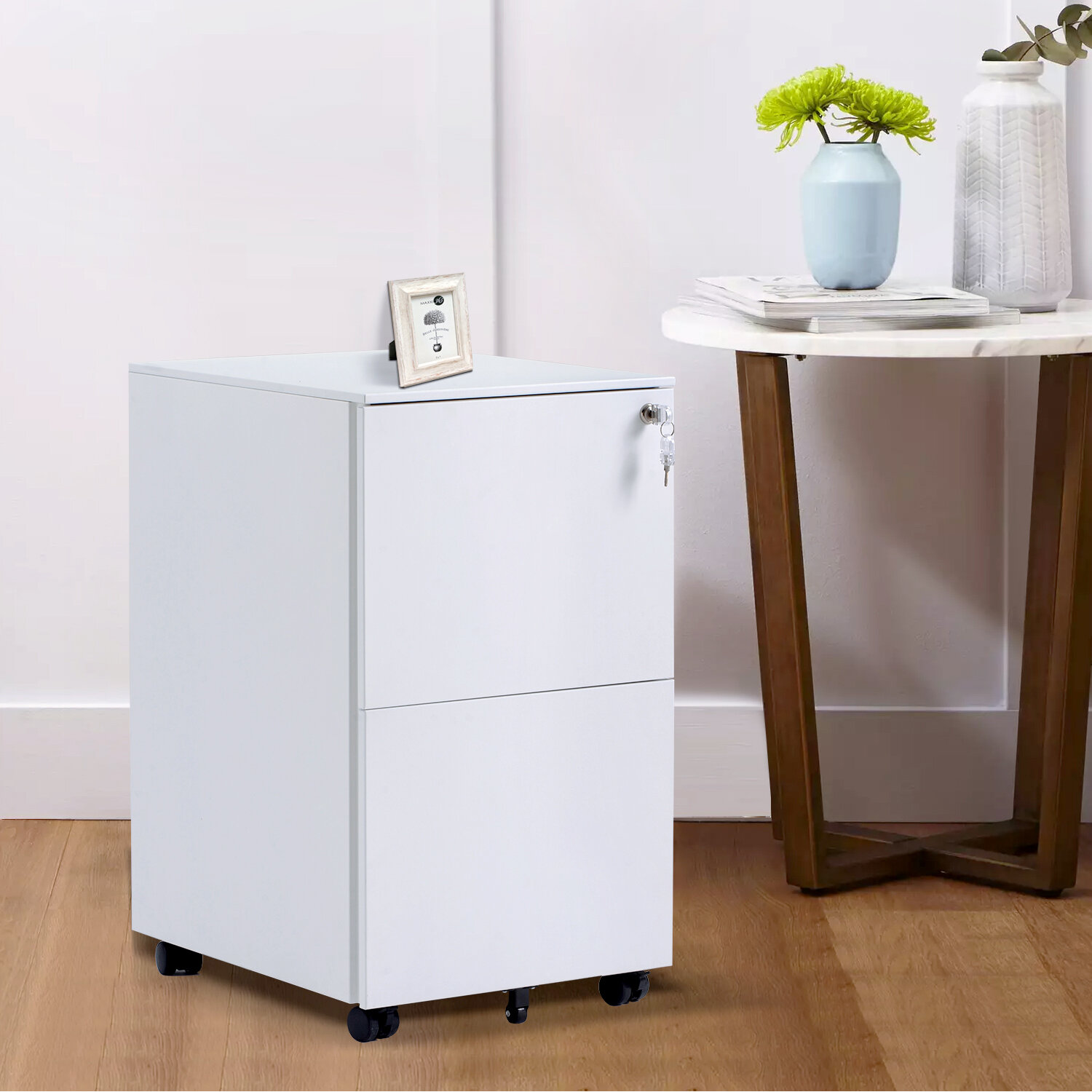 Inbox Zero Mobile File Cabinet With Lock Metal Filing Cabinet For Legal Letter A4 Size Fully Assembled Except Wheels 2 Drawer White Wayfair