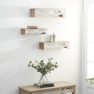 Cream Wooden Scroll Carved 3 Shelves Room Wall Shelf, Set of 3 19", 24", 28"W