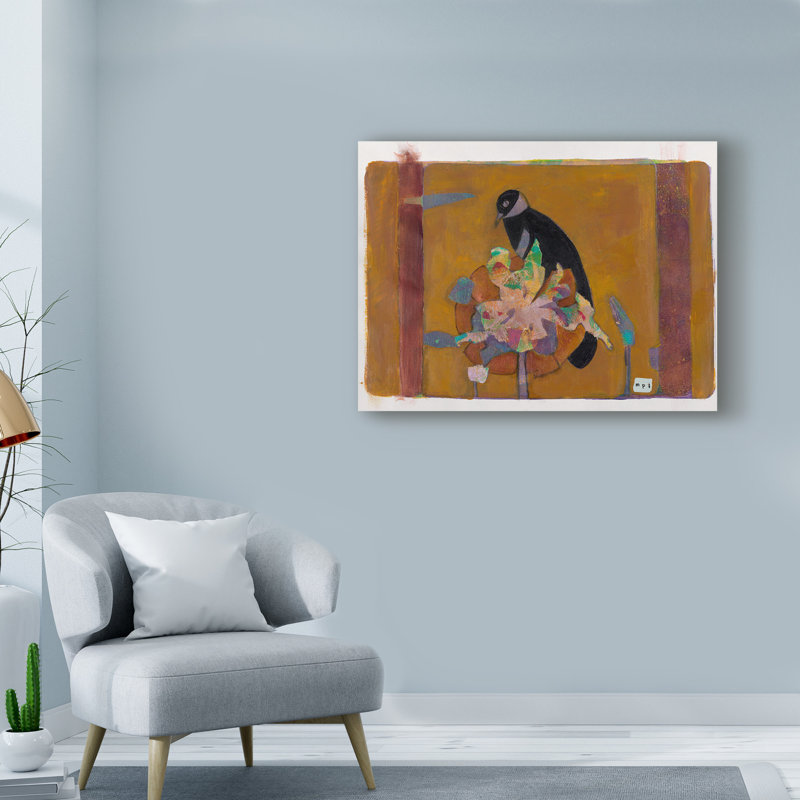 Winston Porter Black Bird On Bronzed Flower Acrylic Painting