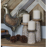 3 Piece Carved Floral Iron and Wood Candlestick Set