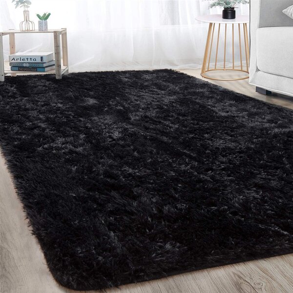 Modern Black Shaggy Rugs Dense 3cm Thick Soft Cosy Living Room Rug Bedroom Mats 