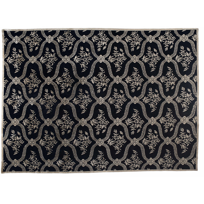 One-of-a-Kind Tibetan Hand-Knotted 9' x 12' Wool/Silk Black/Beige Area Rug