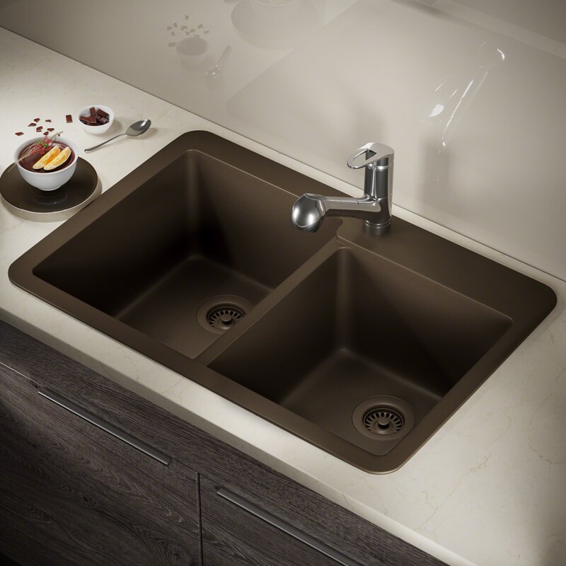 Granite Composite 33 L X 22 W Double Basin Drop In Kitchen Sink With Strainer And Flange