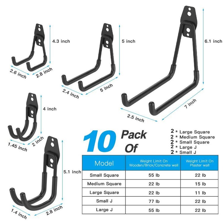 10 Pack Easy to Install Wall Mount Heavy Duty Hangers Garage Storage Hooks