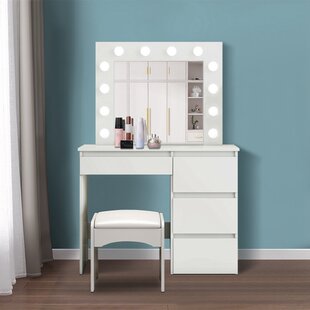 WSJIANP Vanity Set With Sliding Mirror,Dressing Table With Storage Shelves,Versatile Makeup Vanity Table,Makeup Table With Cushioned Stool,Dresser Desk