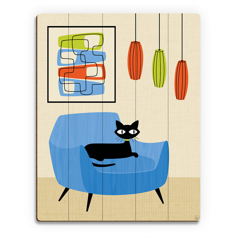 Click Wall Art Retro Cat In Chair Graphic Art Print On Wood