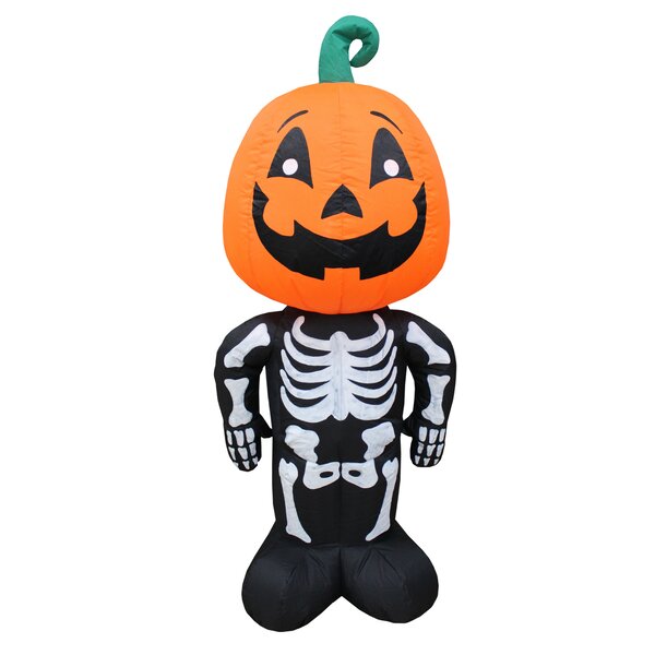 The Holiday Aisle® Halloween Skeleton Man Inflatable with Pumpkin Head ...