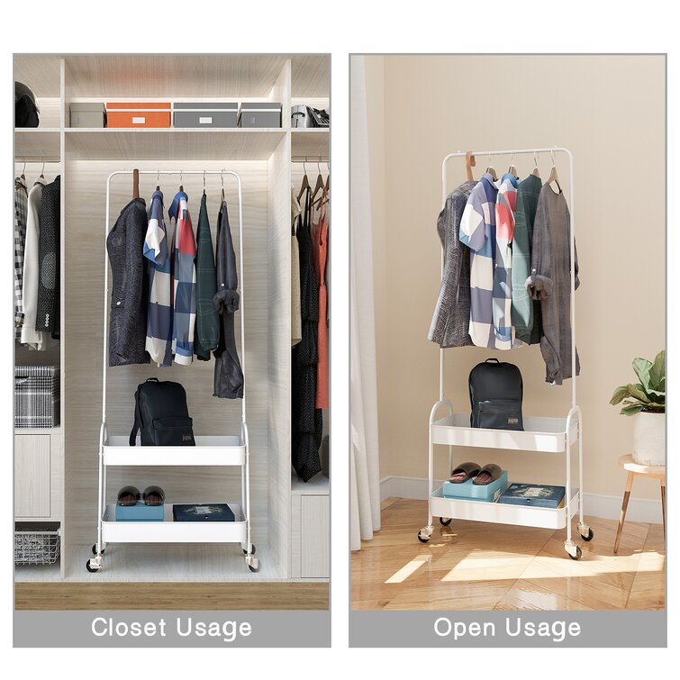 Clothes Hanging Rail With Wheel 2 Tier Wood Storage Rack Display Organizer Stand
