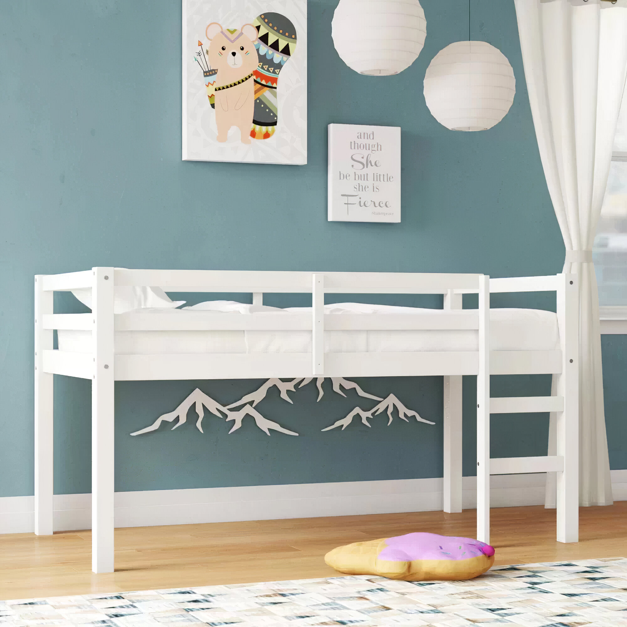 Loft Bed Frame Low Kids Junior Twin Size Black Bunk Bedroom Furniture Ladder New 