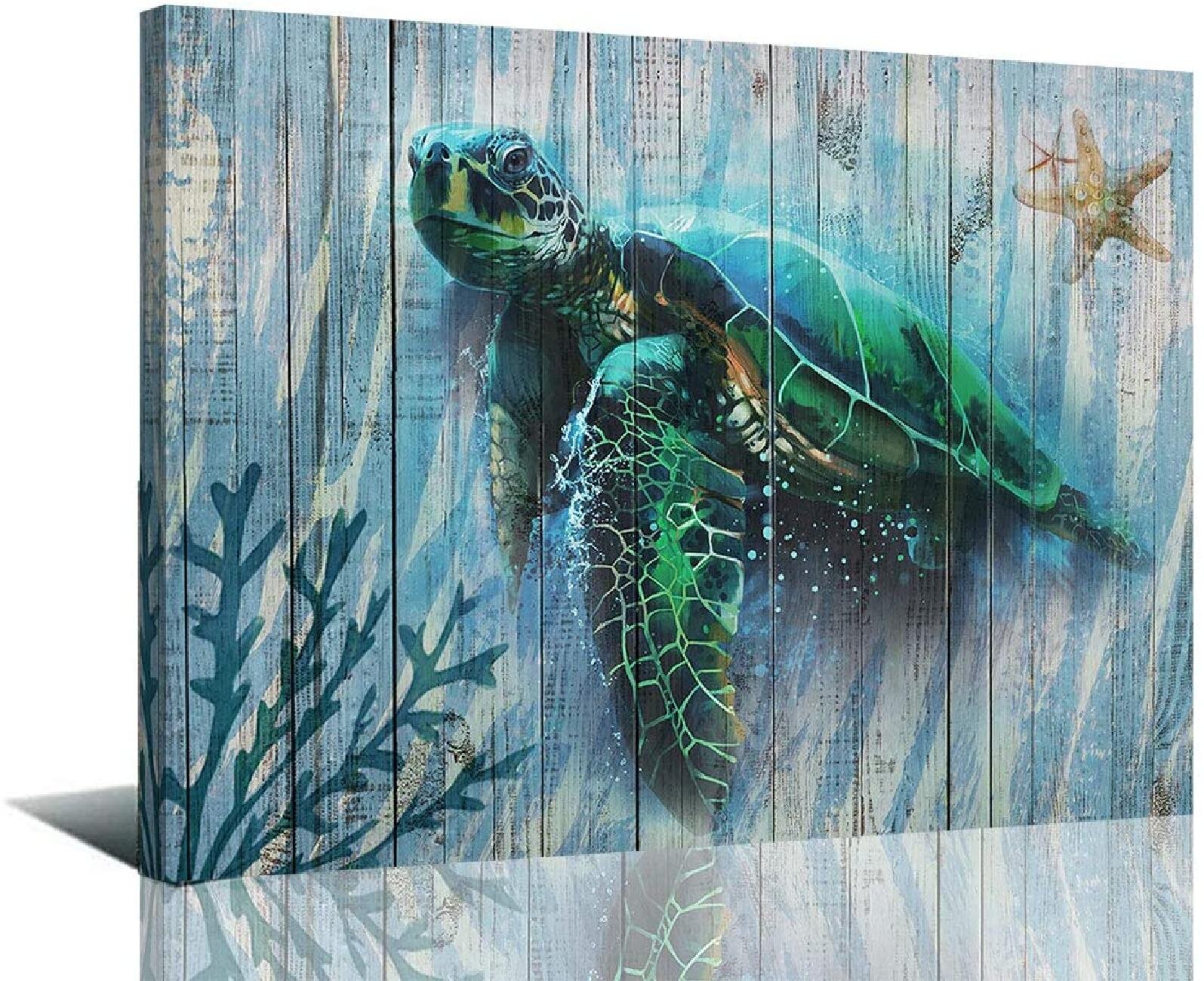 Green Sea Turtle Bathroom Wall Decor Ocean Sea Wall Pictures Artwork Painting 