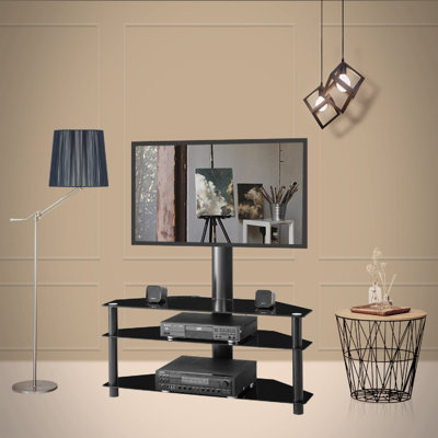 MultiFunction Angle And Height Adjustable Tempered Glass Metal Frame Floor TV Stand Baywell