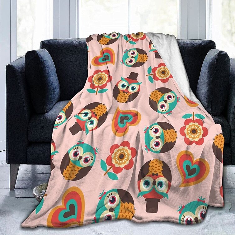 Cat and Owl Pattern All-Season Lightweight Soft Cozy Flannel Fleece Plush Throw Blanket for Travel Bed Sofa Double-Sided Print 