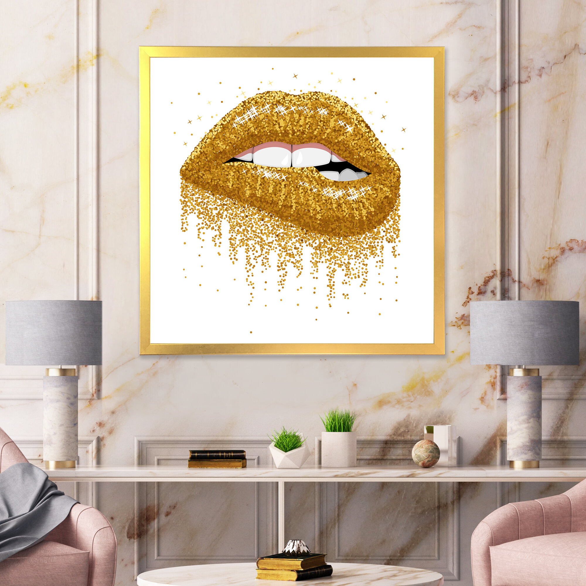 Stunning Lady Gold Lips 3D glitter art picture in mirrored frame Modern picture