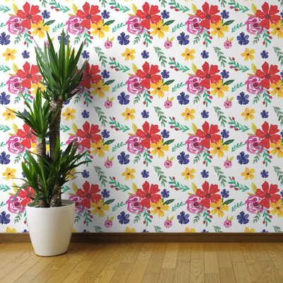 Emmalynn Bright Colorful Flowers Wallpaper - Watercolor Floral Pattern Summer Botanical Home Decor Red - Traditional Commercial Grade Wallpaper Roll O