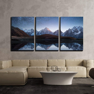 Night Sky with Stars and the Milky Way over a Mountain Lake - 3 Piece Graphic Art Print on Canvas