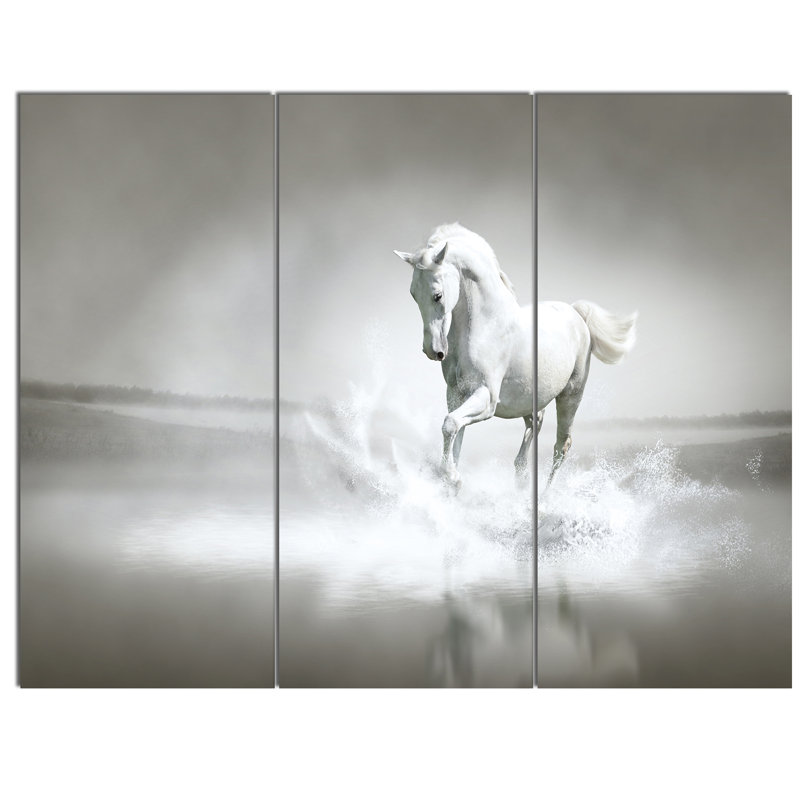 Designart White Horse Running In Water 3 Piece Wall Art On Wred White Horse Running In Water 3 Piece Wall Art On Wred Canvas Set